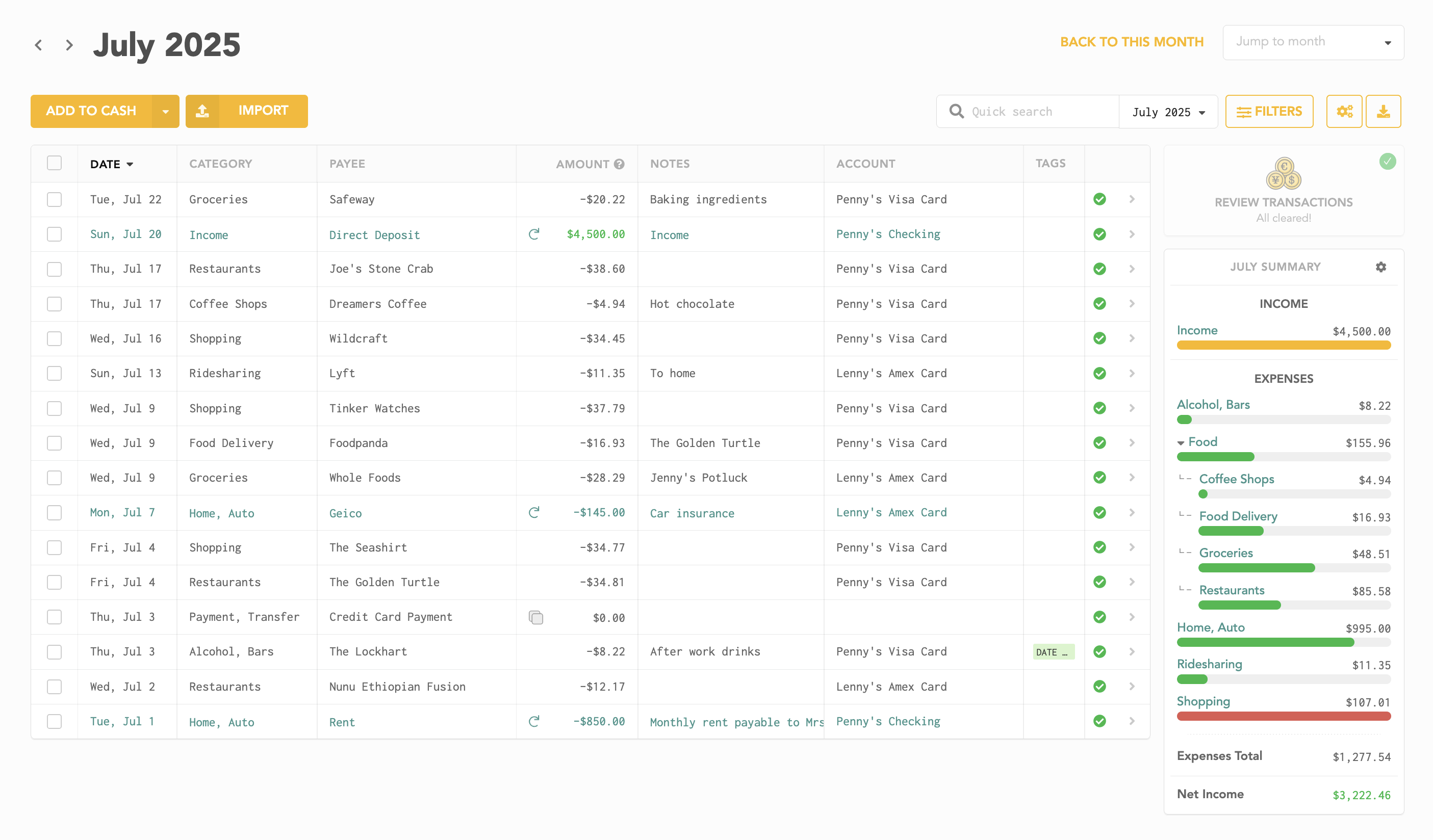 Easily track your average income and expenses with synced banking transactions in Lunch Money.